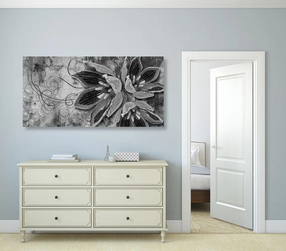 Εικόνα λουλουδιών με πέρλες σε μαύρο & άσπρο - 120x60
