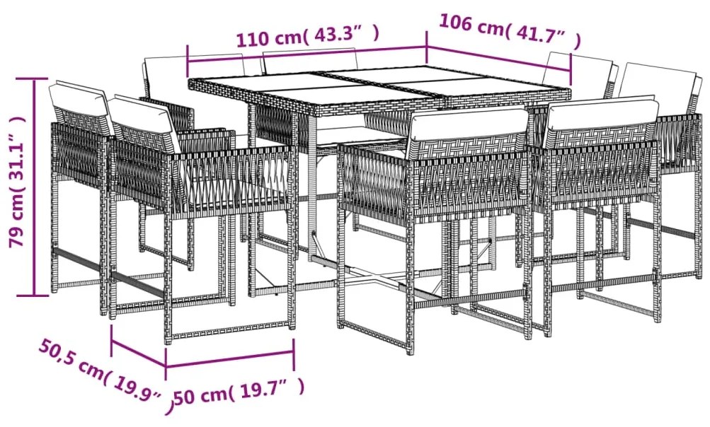vidaXL Σετ Τραπεζαρίας Κήπου 9 τεμ Μαύρο από Συνθ. Ρατάν με Μαξιλάρια