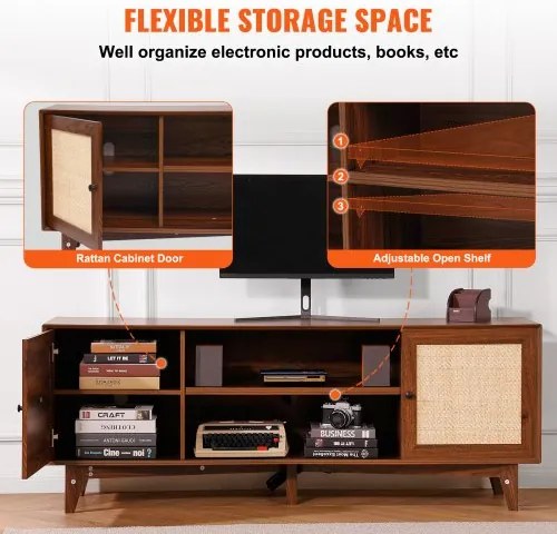 VEVOR Rattan-TV-Ständer 191cm Fernseher Boho-TV-Schrank Fernsehschrank Walnuss