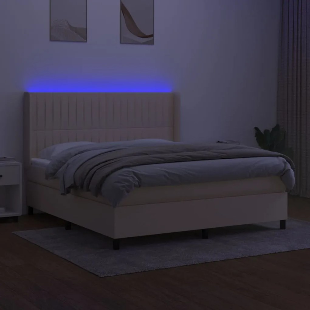 Κρεβάτι Boxspring με Στρώμα &amp; LED Κρεμ 160x200 εκ. Υφασμάτινο - Κρεμ