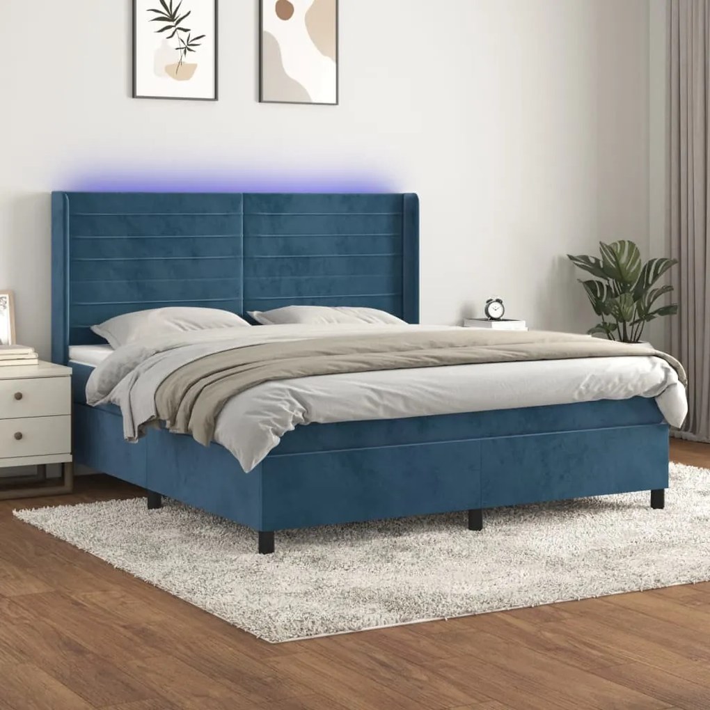 vidaXL Κρεβάτι Boxspring με Στρώμα &amp; LED Σκ. Μπλε 160x200εκ. Βελούδινο