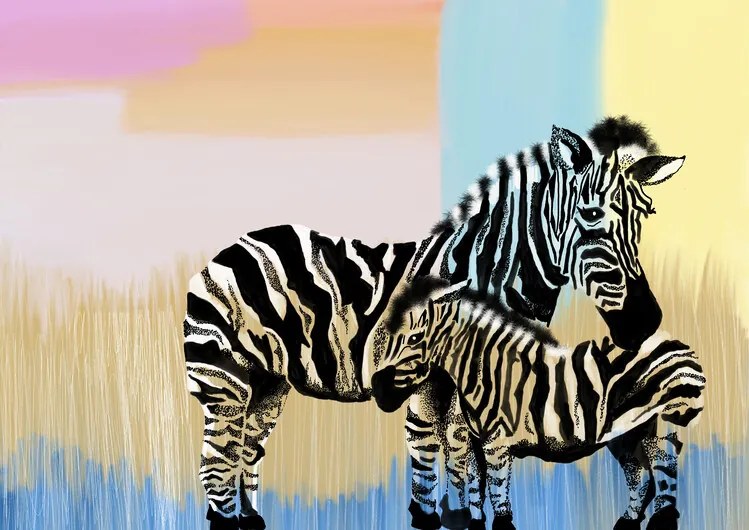 Εικονογράφηση Mama Zebra and baby, Art by the Ocean