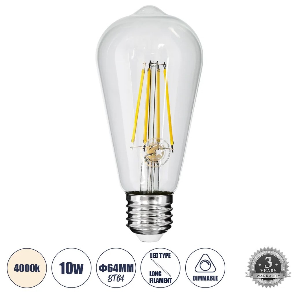 GloboStar 99056 Λάμπα LED Long Filament E27 ST64 Αχλάδι 10W 1100lm 360° AC 220-240V IP20 Φ6.4 x Υ14cm Φυσικό Λευκό 4000K με Διάφανο Γυαλί - Dimmable - 3 Years Warranty - 99056