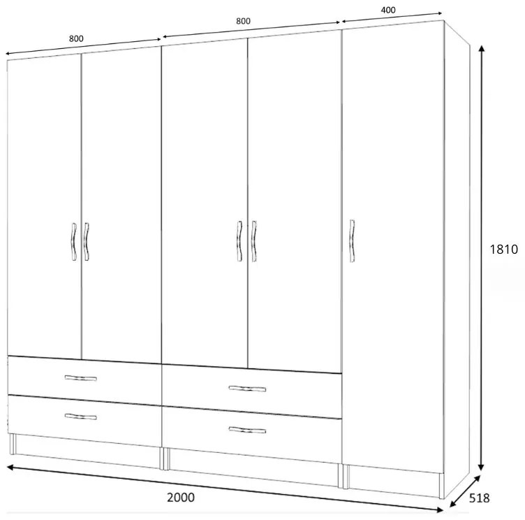 Ντουλάπα ρούχων Ricardo Megapap πεντάφυλλη με συρτάρια χρώμα φυσικό οξιάς 200x51,8x181εκ.