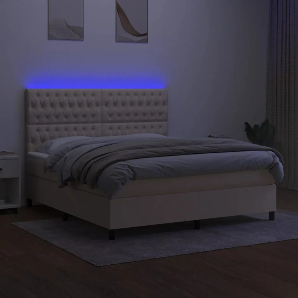 Κρεβάτι Boxspring με Στρώμα &amp; LED Κρεμ 180x200 εκ. Υφασμάτινο - Κρεμ