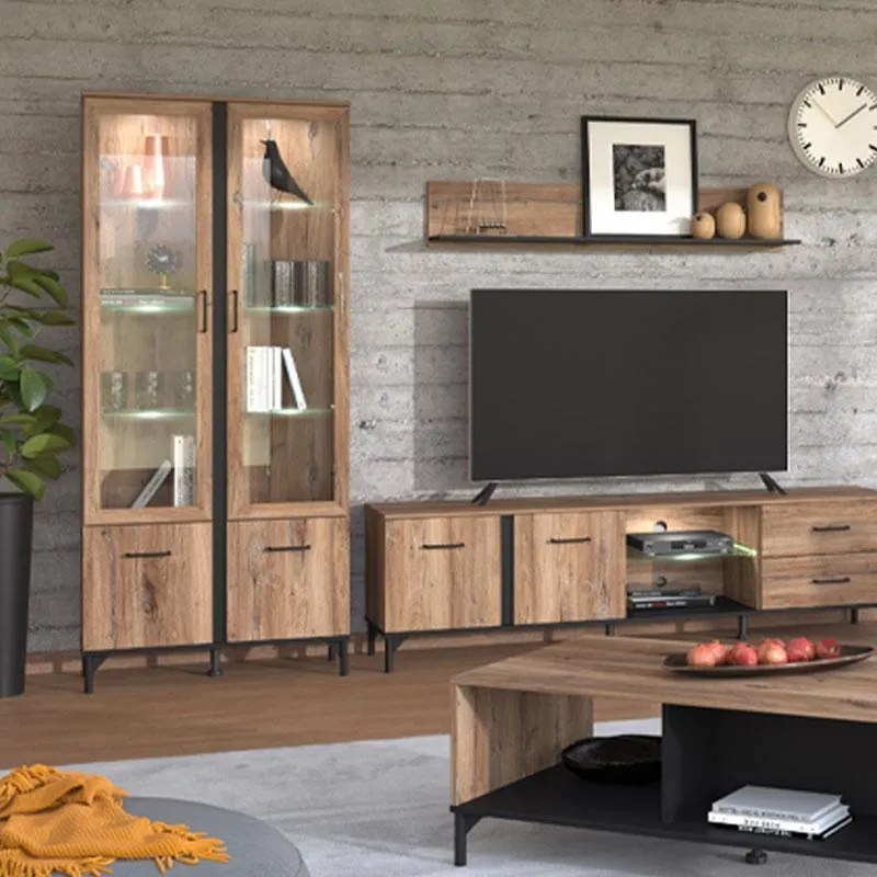 Βιτρίνα Corsica 2K VS2 Flagstaff Oak - Μαύρο 84,5x35x193 εκ. 84.5x35x193 εκ.