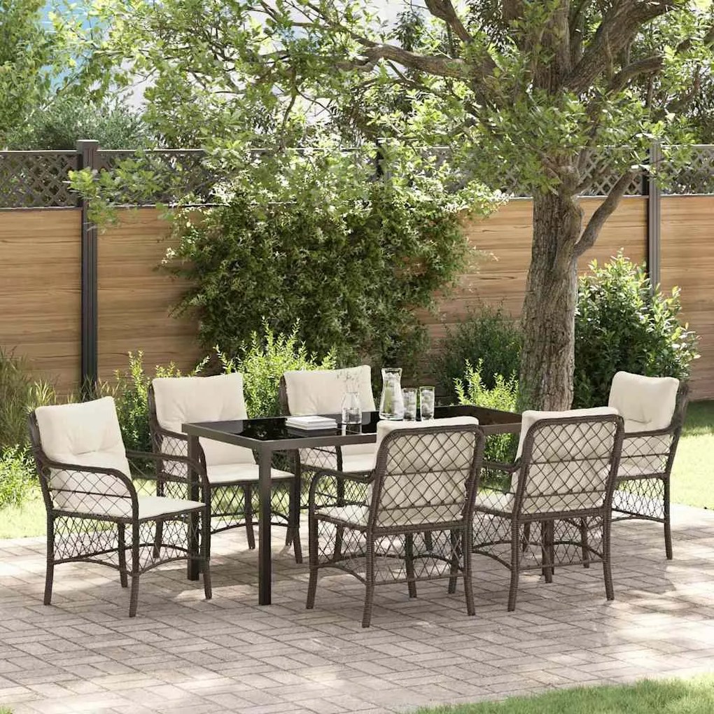 vidaXL Σέτ φαγητού για κήπο με μαξιλάρι 7 pcs Καφέ Πολυ ράταν