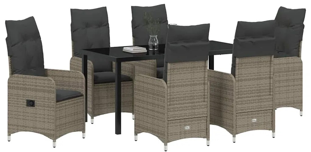 vidaXL Σέτ φαγητού για κήπο με μαξιλάρι 7 pcs Γκρι Πολυ ράταν