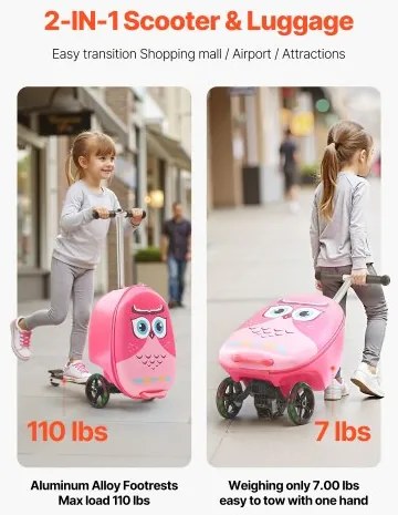 VEVOR Ride-on Luggage 20-inch Kids Scooter Suitcase with Flash Wheels Pink