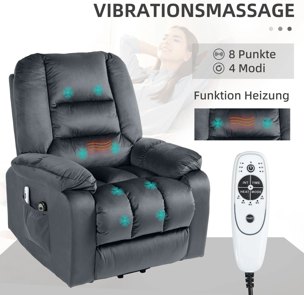 HOMCOM Πολυθρόνα μασάζ με υποβοήθηση ανύψωσης για ηλικιωμένους, 8 σημεία μασάζ, 2 πλαϊνές τσέπες, 85 cm x 94 cm x 107cm, γκρι
