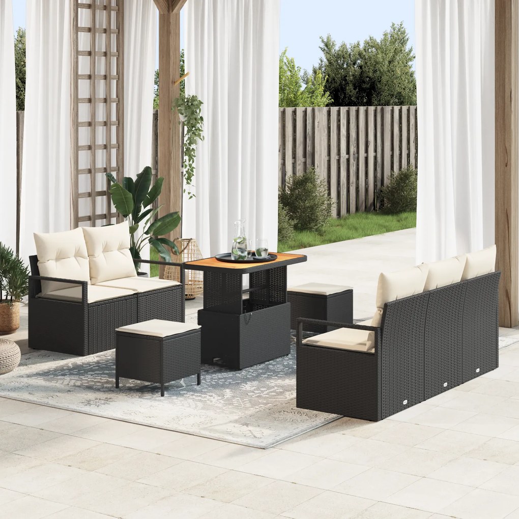 vidaXL σετ καναπέ 8 τεμαχίων με μαξιλάρια μαύρο poly rattan ακακία