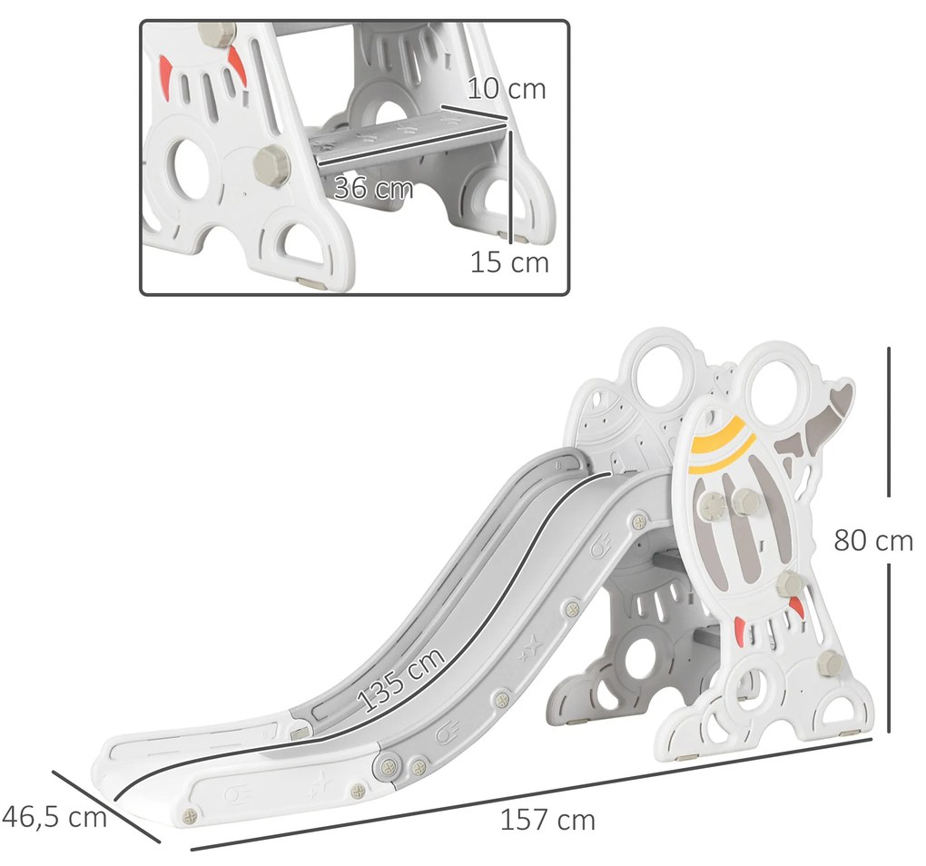 AIYAPLAY Τσουλήθρα για παιδιά 1,5 έως 3 ετών, σχέδιο πυραύλου, σετ αυτοκόλλητων, γκρι, 157 x 46,5 x 80 cm