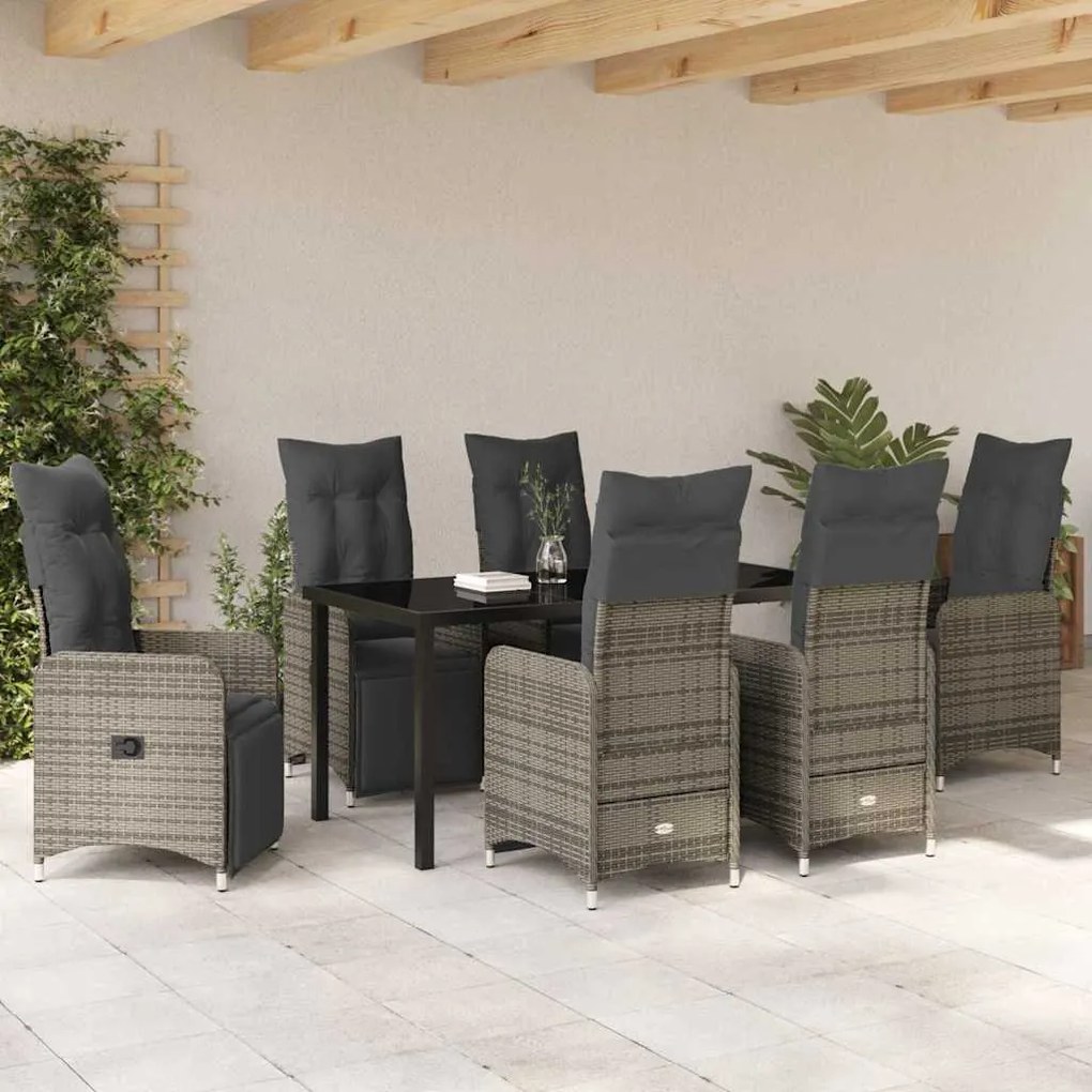 vidaXL Σέτ φαγητού για κήπο με μαξιλάρι 7 pcs Γκρι Πολυ ράταν