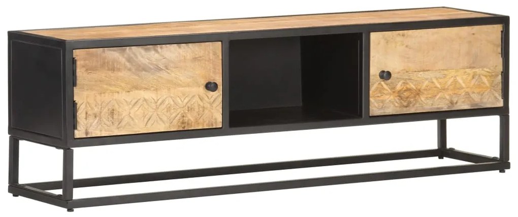 Έπιπλο TV με Σκαλιστή Πόρτα 130x30x40 εκ. Ακατέργ. Ξύλο Μάνγκο 320943