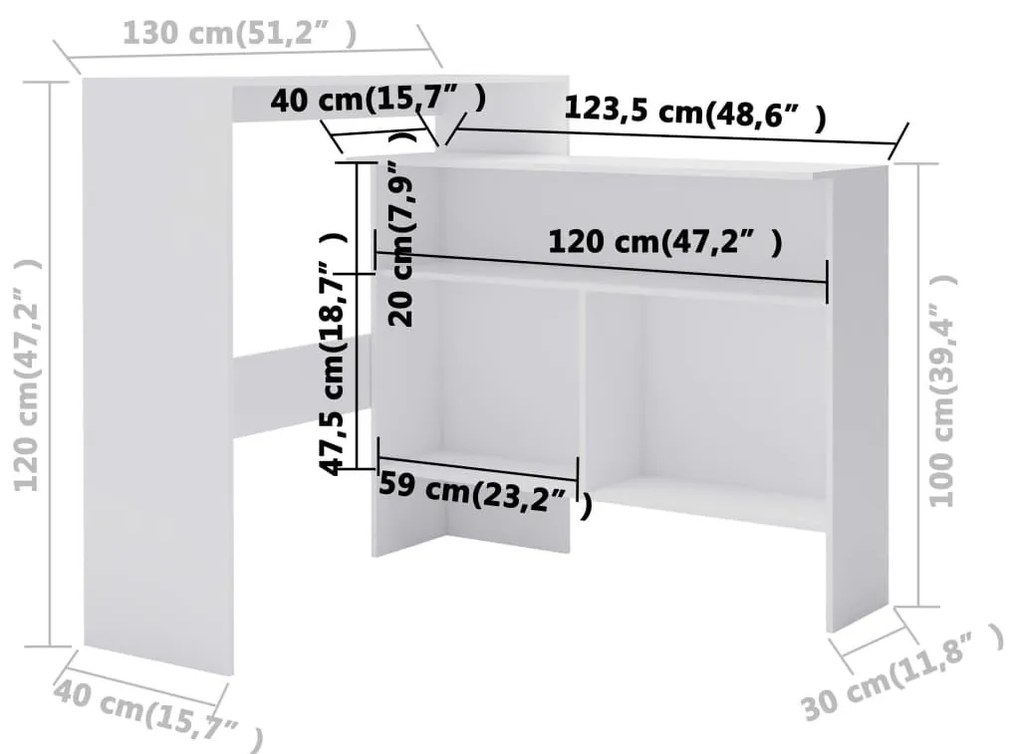 Τραπέζι Μπαρ με 2 Επιφάνειες Λευκό 130 x 40 x 120 εκ. - Λευκό