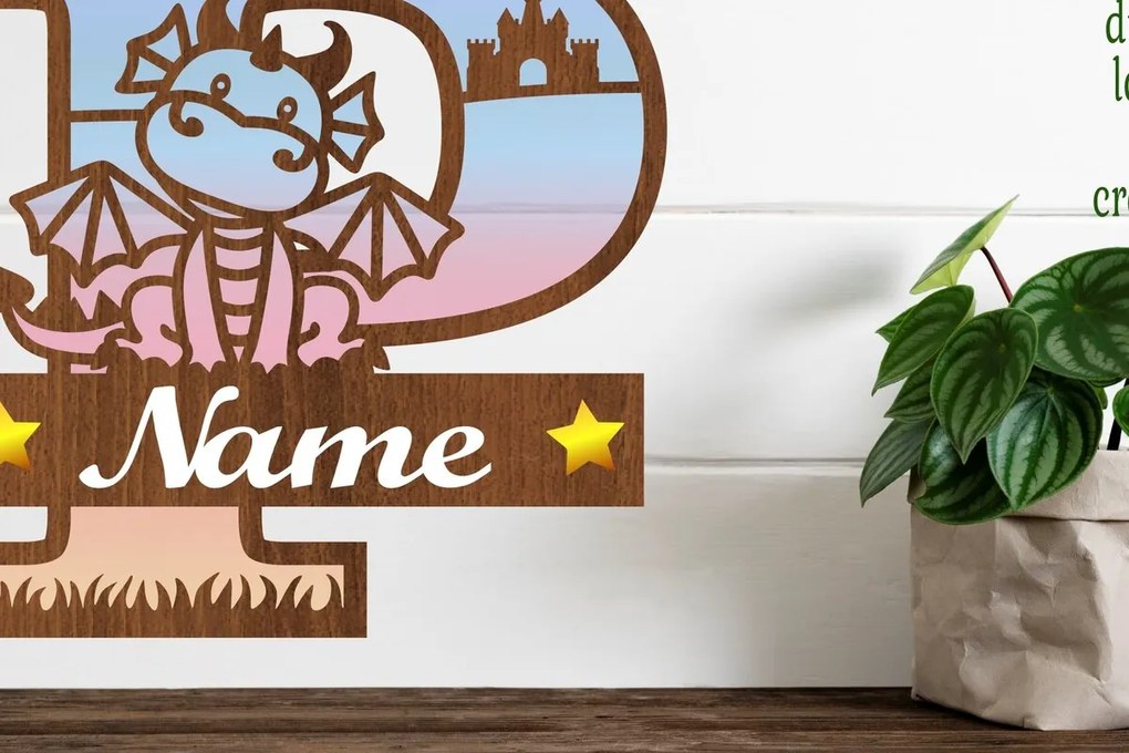 Σετ των 2 Intra απο ξύλο plywood 3mm-4mm πάχος - Δράκος κεφαλαίο μονόγραμμα Γράμμα P  Αποκοπή Δίασταση 30x20 cm INTRAFABR-75363809