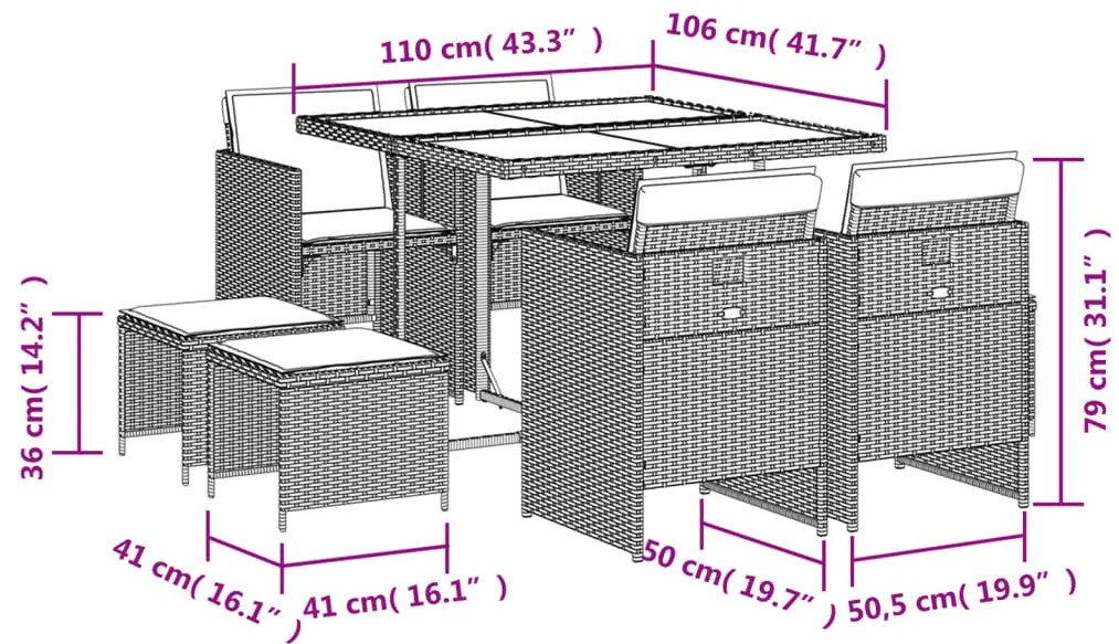 vidaXL Σετ Τραπεζαρίας Κήπου 9 τεμ. Μπεζ Συνθετικό Ρατάν με Μαξιλάρια
