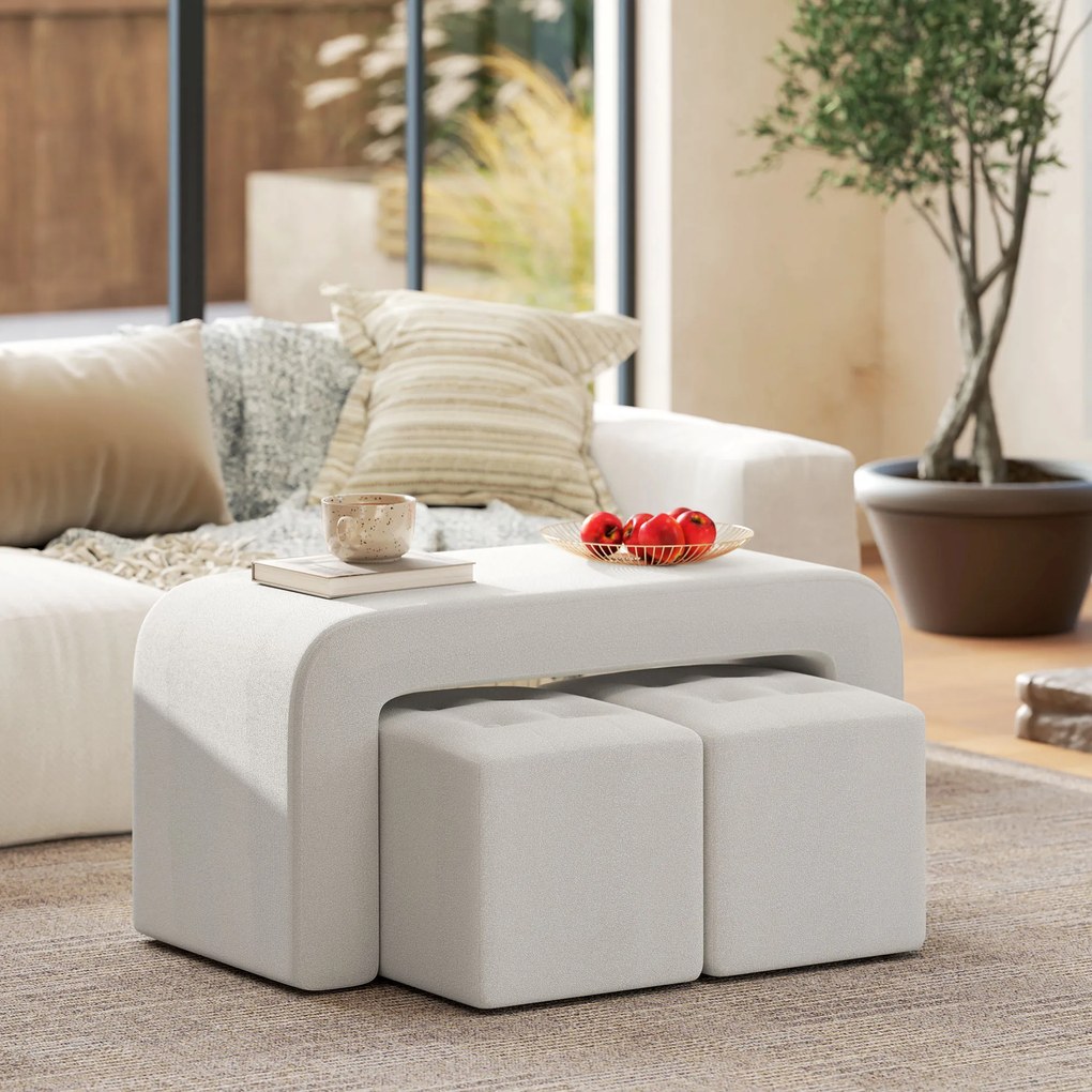 HOMCOM Σετ Σκαμπό Υποπόδιο 3 τεμαχίων, Κουμπωτό, 89 εκ. x 42,5 εκ. x 45 εκ., Κρεμ