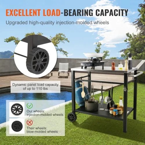 VEVOR Outdoor Grill Dining Cart with Double-Shelf, BBQ Movable Food Prep Table, Multifunctional Stainless Steel Table Top, Portable Modular Carts for Pizza Oven, Worktable with 2 Wheels, Carry Handle