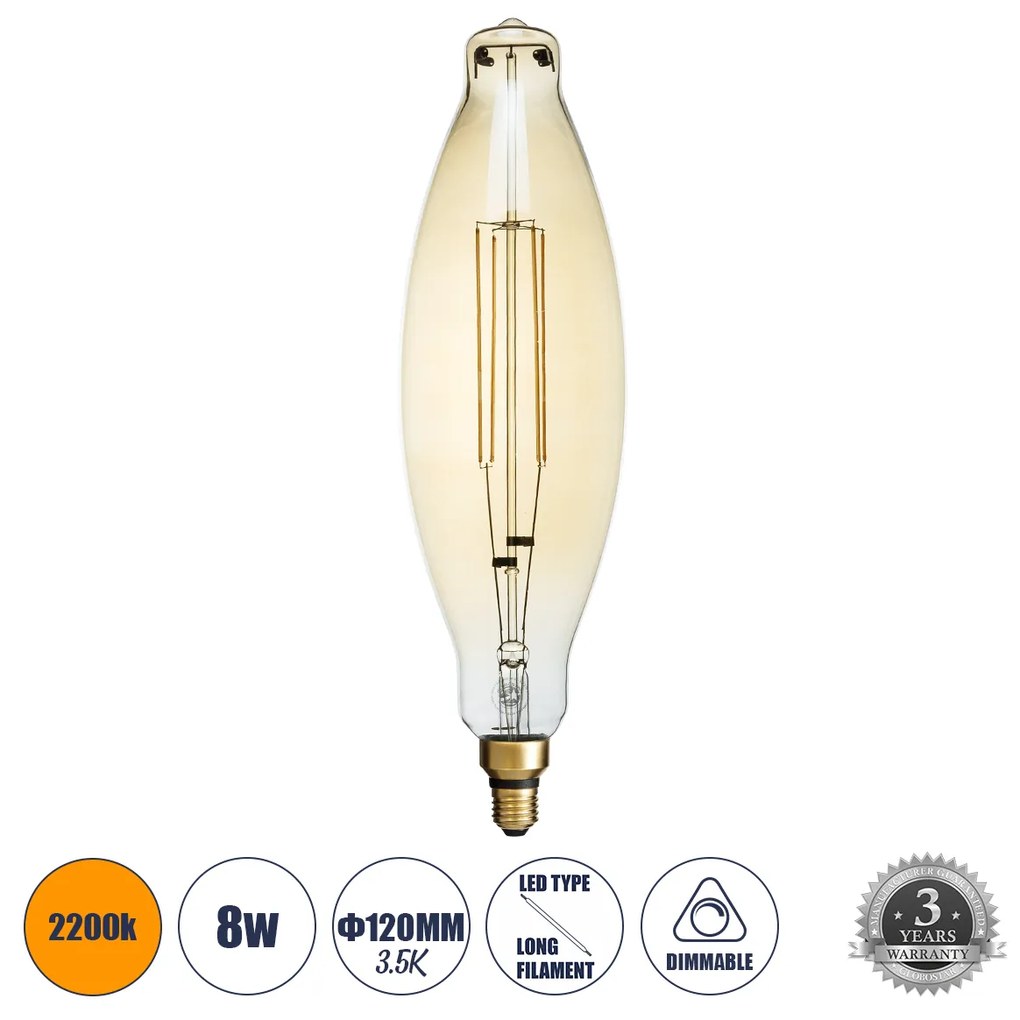 GloboStar® 99167 Λάμπα LED Long Filament E27 3.5K AVOCADOS Γλόμπος 8W 650lm 360° AC 220-240V IP20 Φ12 x Υ44cm Ultra Θερμό Λευκό 2200K με Μελί Γυαλί Dimmable - 3 Χρόνια Εγγύηση