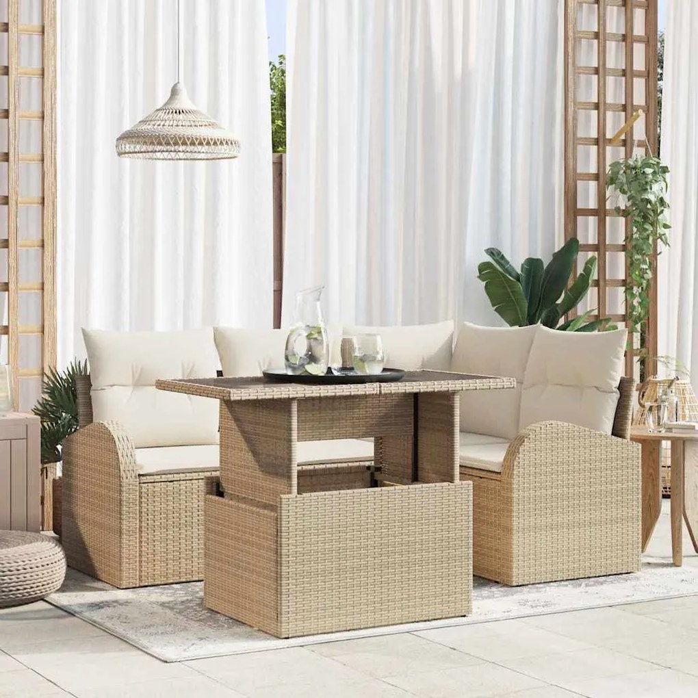 vidaXL Σετ Καναπέ Κήπου με μαξιλάρι 5 pcs Μπεζ Πολυ ράταν