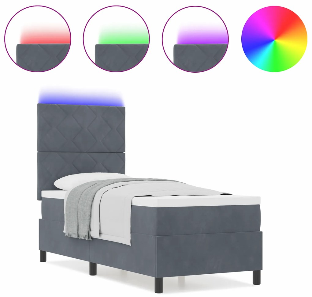 vidaXL Κρεβάτι με Στρώμα και LED Γκρι Σκούρο 80x200 cm Βελούδο