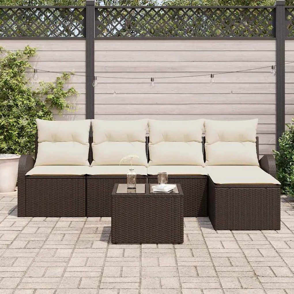 vidaXL Σετ Καναπέ Κήπου με μαξιλάρι 6 pcs Καφέ και λευκό Πολυ ράταν