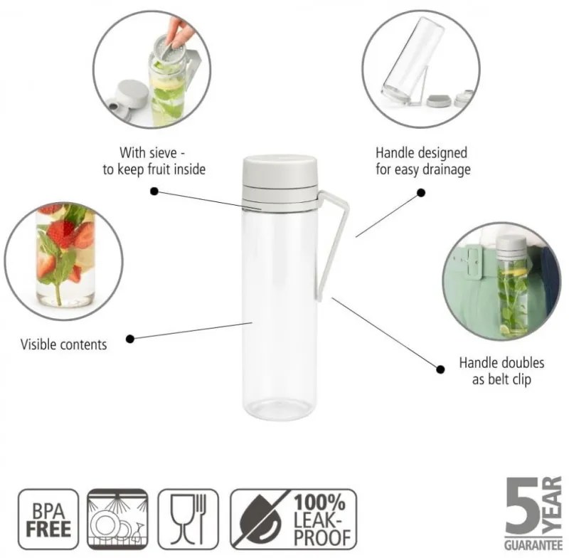 Μπουκάλι Brabantia Make&Take 1006280, 500 ml, Με σουρωτήρι, Προστασία από διαρροή, Μεγάλο άνοιγμα, Ανοιχτό γκρι/διαφανές