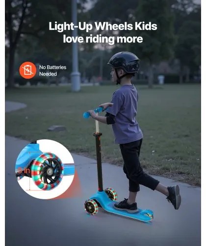 VEVOR Kick Scooter for Kids Ages 3+, 3-Wheel Toddler Scooter with Light-Up Wheels, Adjustable Height Handlebar, Wide Anti-Slip Deck, Lightweight Aluminum Frame for Boys and Girls up to 74.8 kg, Blue