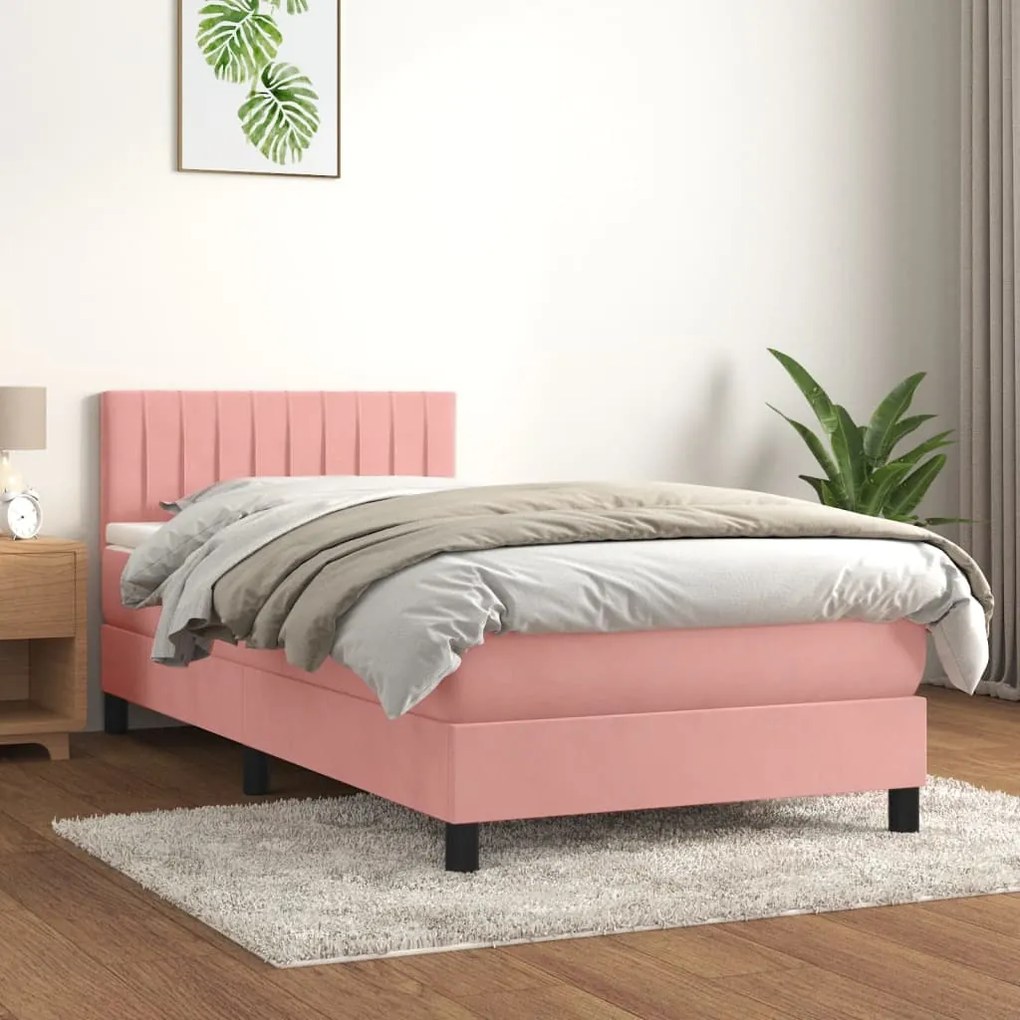 vidaXL Κρεβάτι Boxspring με Στρώμα Ροζ 90x200 εκ. Βελούδινο