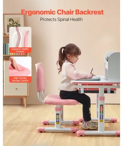 VEVOR Kids Study Chair and Desk with Bookshelf &amp; Drawer Adjustable Height Pink