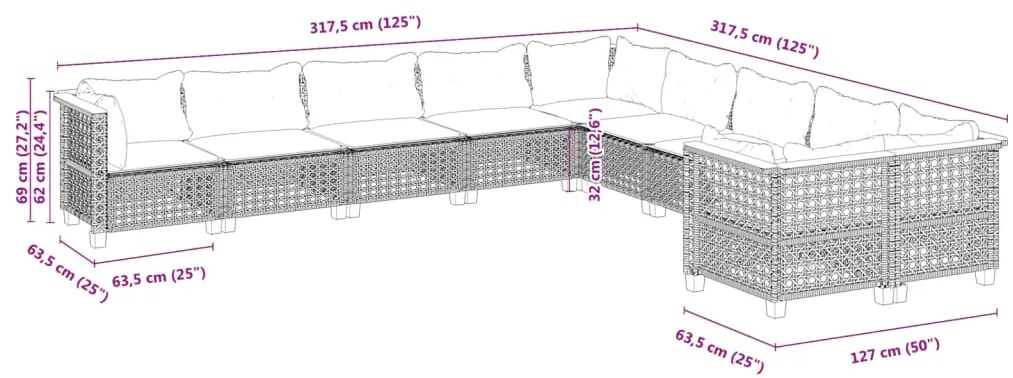 vidaXL Σαλόνι Κήπου Σετ 10 Τεμαχίων Μαύρο Συνθετικό Ρατάν με Μαξιλάρια