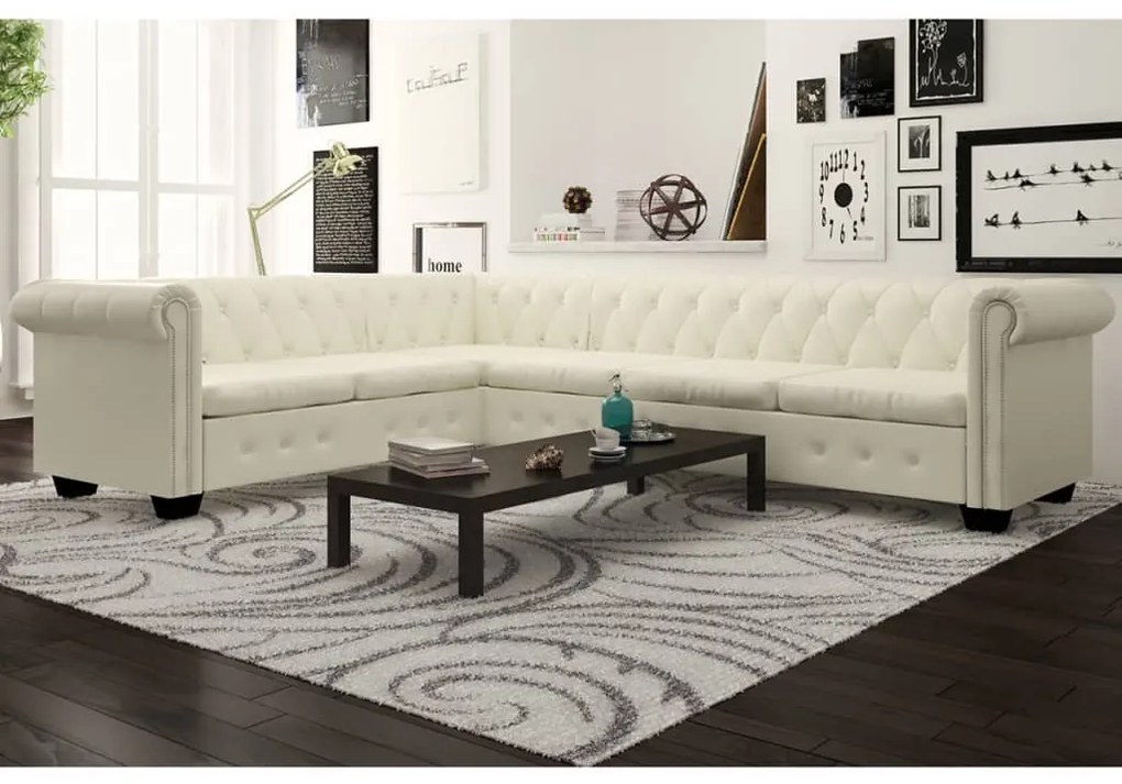 vidaXL Καναπές Γωνιακός Εξαθέσιος Chesterfield Λευκός Συνθετικό Δέρμα