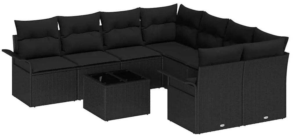 vidaXL Σετ Καναπέ Κήπου 9 pcs Μαύρο Πολυεστέρας, Ρατάν και Γυαλί