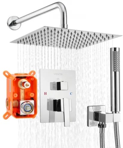 VEVOR Shower Faucet Set 10&quot; Square Rain Shower Head and Hand Set Silver Chrome