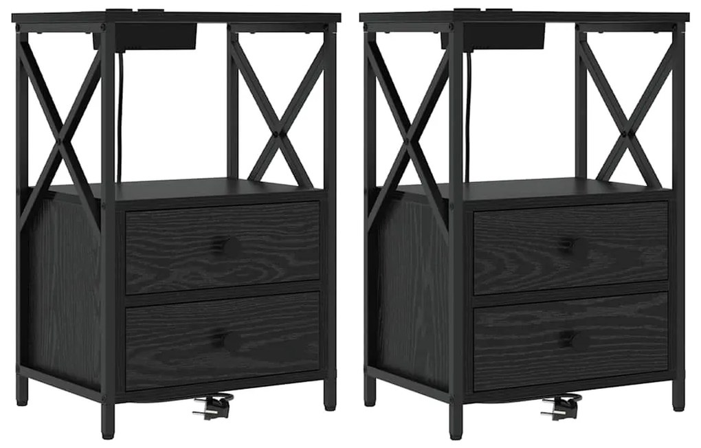 vidaXL Κομοδίνο με Σταθμό Φόρτισης 2 pcs Μαύρη δρυς Επεξεργασμένο ξύλο