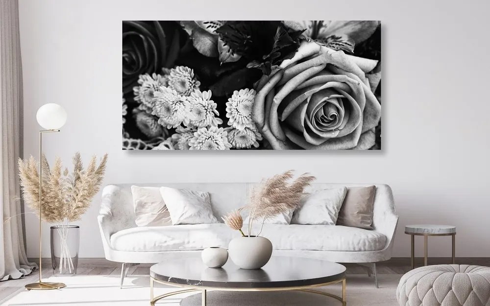 Μπουκέτο με τριαντάφυλλα σε ρετρό στυλ σε ασπρόμαυρο σχέδιο - 100x50