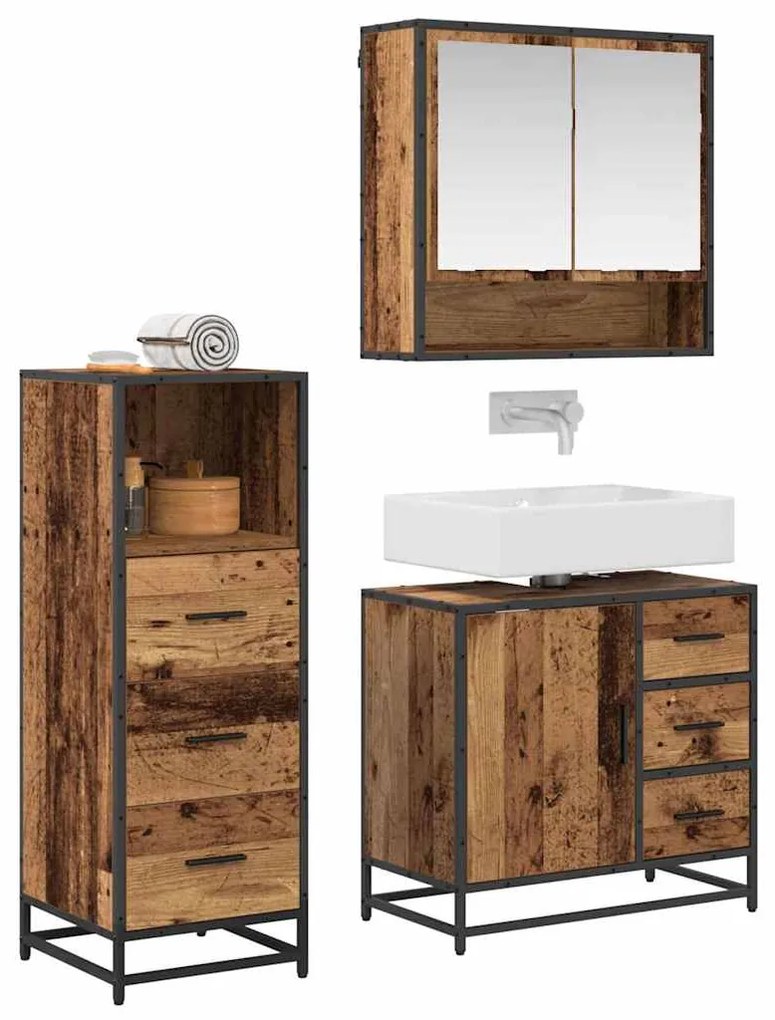 vidaXL Σετ Επίπλων Μπάνιου με ράφι 3 pcs Παλιό Ξύλο Επεξεργασμένο ξύλο