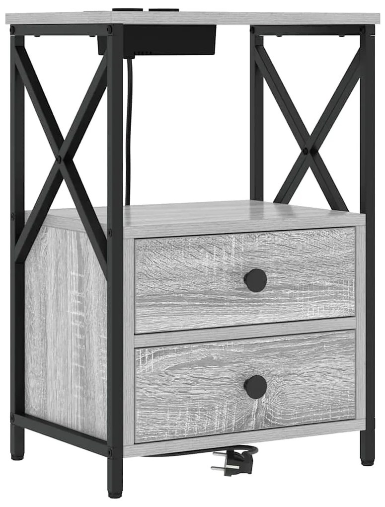 vidaXL Κομοδίνο με Σταθμό Φόρτισης με συρτάρι 2 pcs Γκρι sonoma