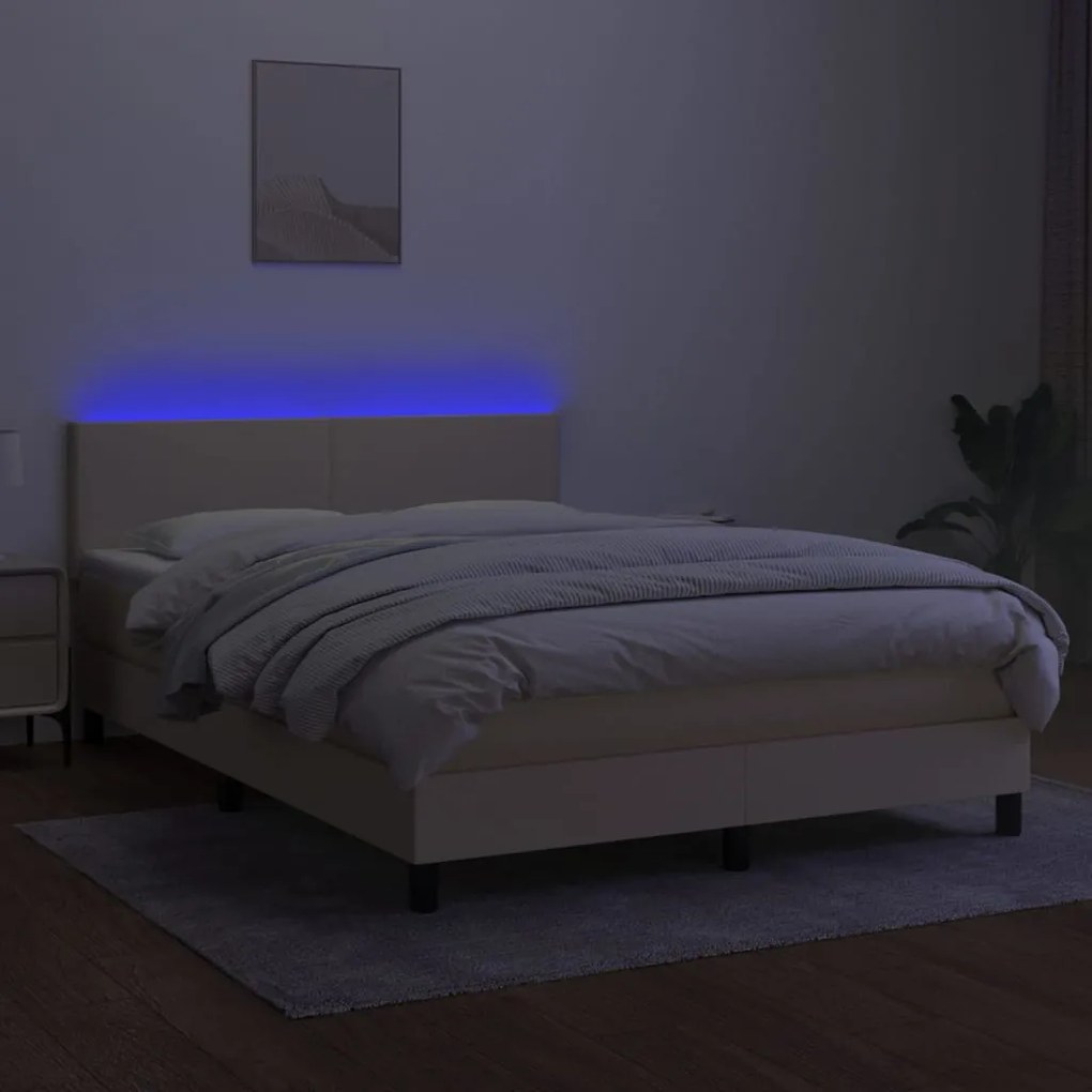 Κρεβάτι Boxspring με Στρώμα &amp; LED Κρεμ 140x200 εκ. Υφασμάτινο - Κρεμ