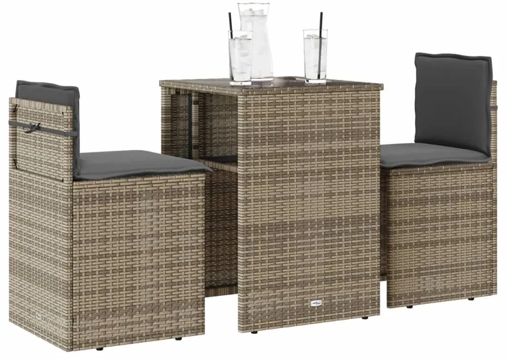 vidaXL Σετ Επίπλων Bistro 3 τεμ Γκρι Συνθετικό Ρατάν με Μαξιλάρια