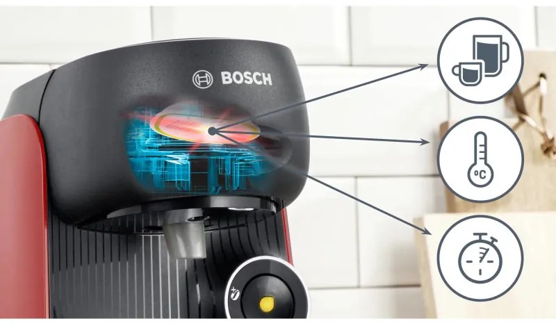 Μηχανή εσπρέσο Bosch Tassimo Finesse TAS16B3, 1400W, 3,3 bar, 0,7 l, Αφαλάτωση, Αυτοκαθαριζόμενος, Δίσκοι T, Intellibrew, 70 ροφήματα, Κόκκινο