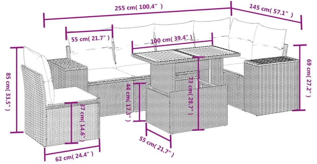 vidaXL Καναπές Σετ 7 Τεμαχίων Μαύρο Συνθετικό Ρατάν με Μαξιλάρια