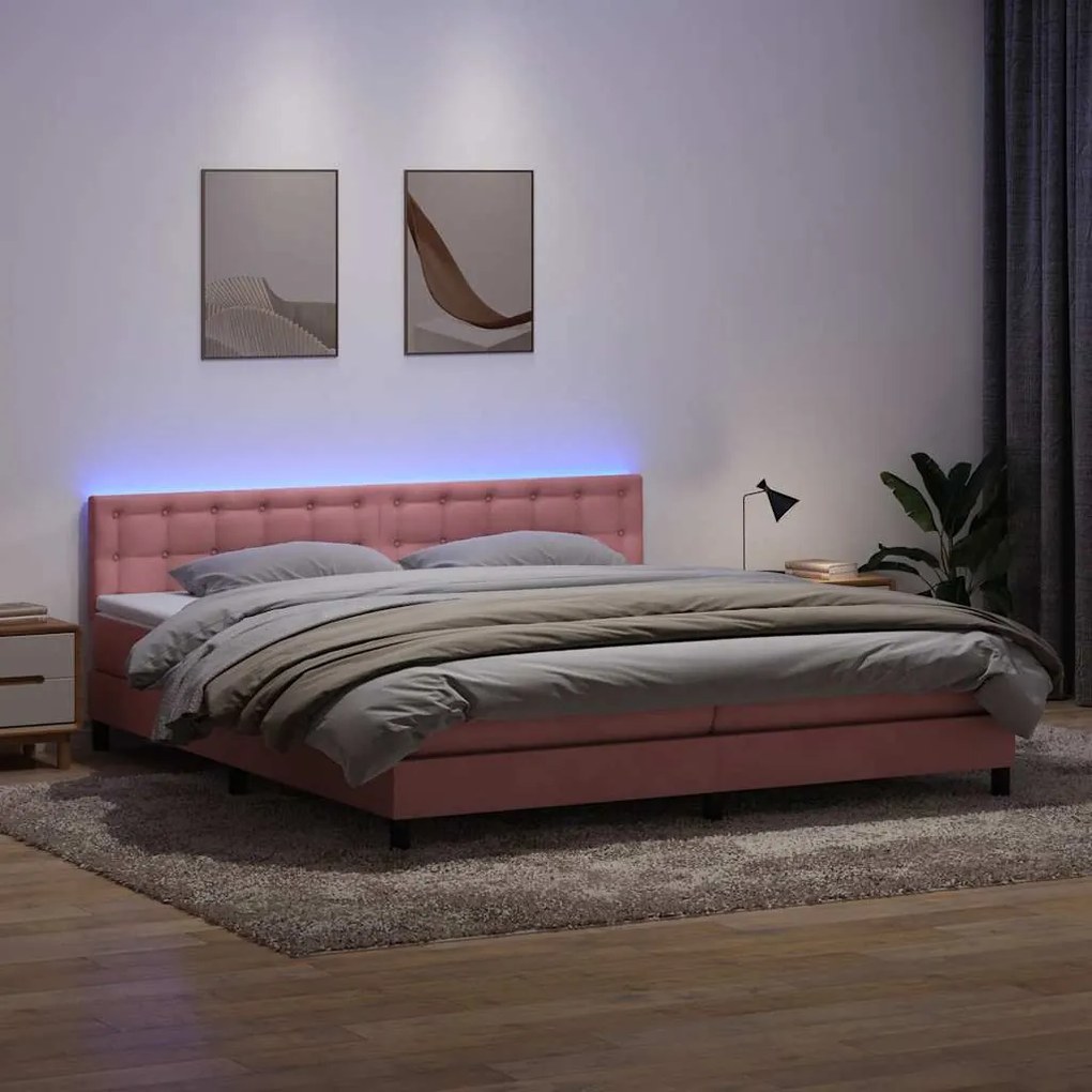 vidaXL Κρεβάτι Boxspring με Στρώμα &amp; LED Ροζ 180x210 εκ. Βελούδινο