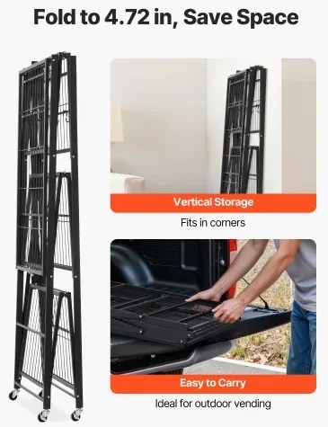 VEVOR Folding Storage Shelf with Wheels 4-Tier No Assembly Organizer Shelf Black