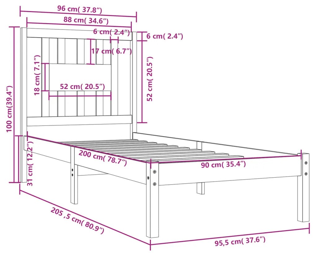 vidaXL Πλαίσιο Κρεβατιού 90 x 200 εκ. από Μασίφ Ξύλο Πεύκου