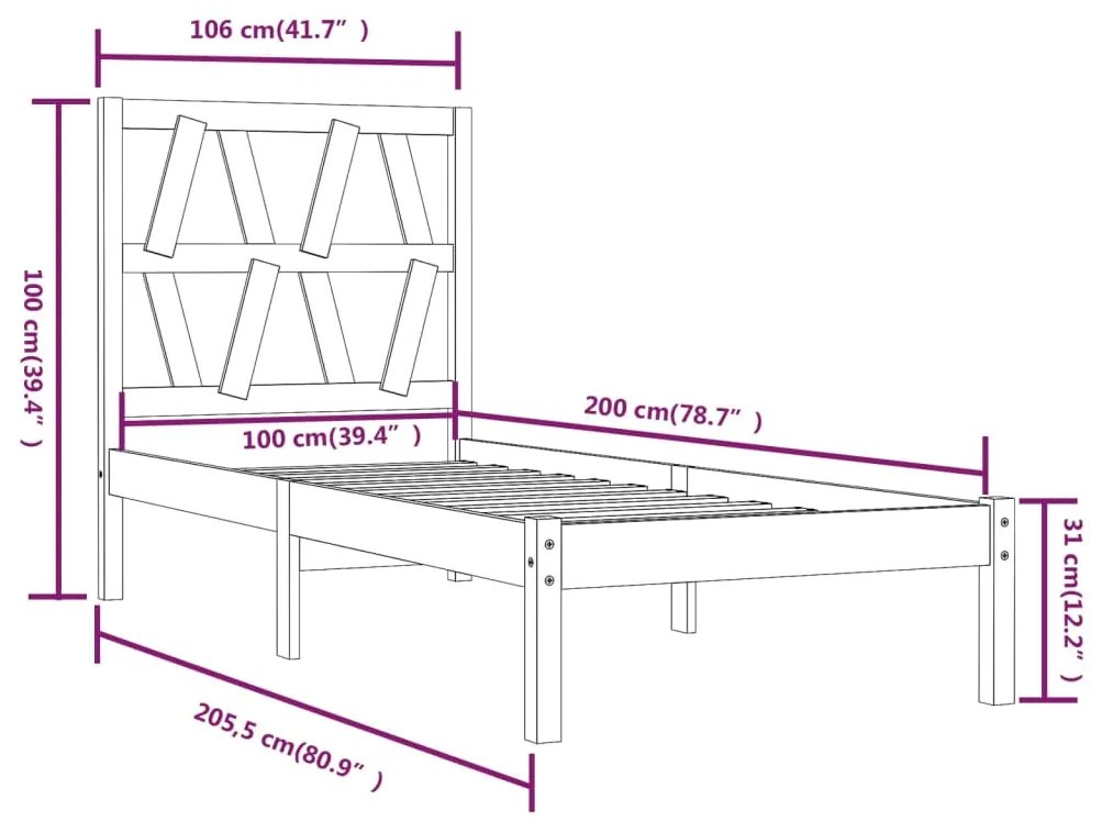 vidaXL Πλαίσιο Κρεβατιού Καφέ Μελί 100 x 200 εκ. Μασίφ Ξύλο Πεύκου