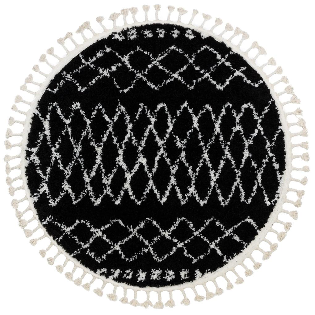 Χαλί BERBER εθνοτική G3802 κύκλος μαύρο / λευκό Φράντζα Βερβερικές Μαροκινό δασύτριχος