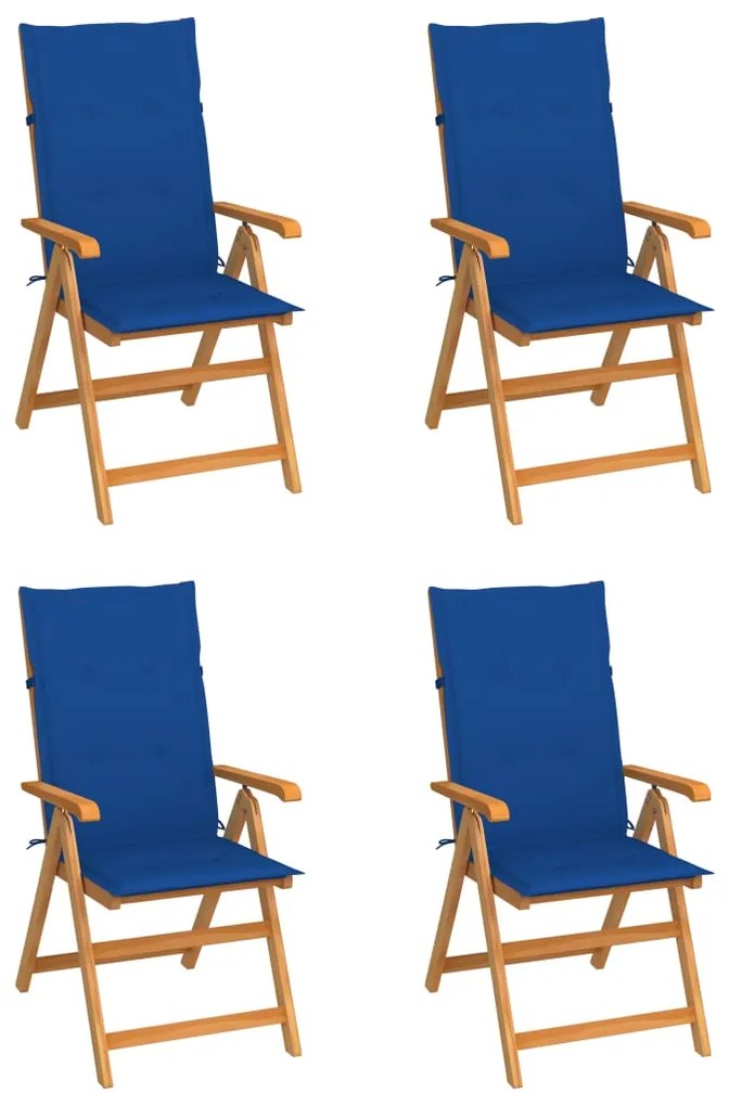 vidaXL Καρέκλες Κήπου 4 τεμ από Μασίφ Ξύλο Teak με Μπλε Ρουά Μαξιλάρια