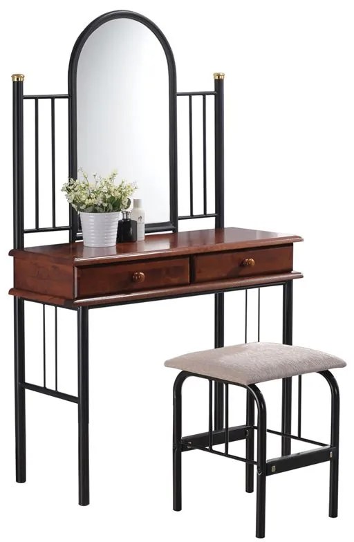 WOODWELL Ε8028FLORA SET Τουαλέτα με Καθρέπτη + Σκαμπό 2 Συρτάρια, Μέταλλο Βαφή Μαύρο, Ξύλο Καρυδί 90x37x148cm - Stool:40x34x47cm Ε8028
